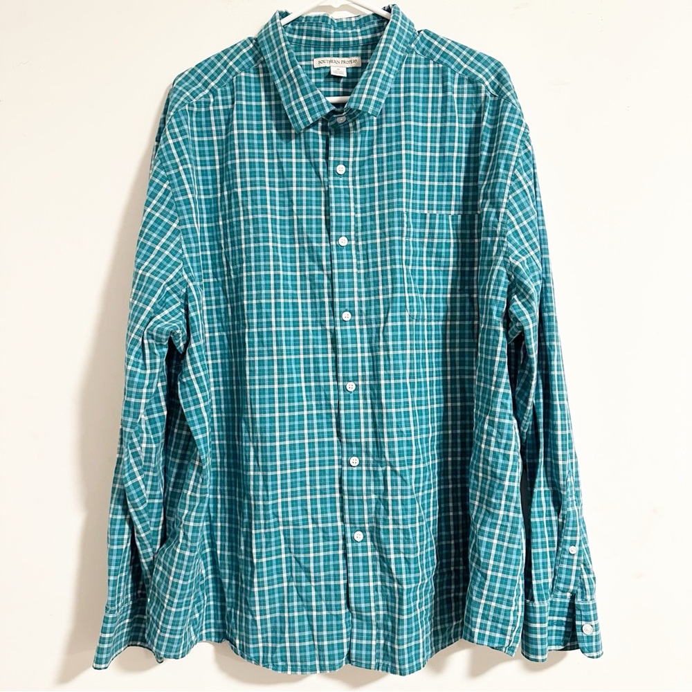 Southern Proper Long Sleeve Button Down Cotton Stretch Blue Plaid Shirt